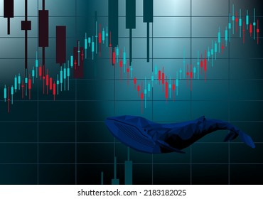 Whale buy signal. Trading market manipulation. Massive accumulation sign. Big players in stocks. Candlestick chart. Dark bottom vector illustration.