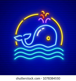 Whale cachalot on sea waves in ocean. Neon animal icon sign with illumination. EPS10 vector illustration.