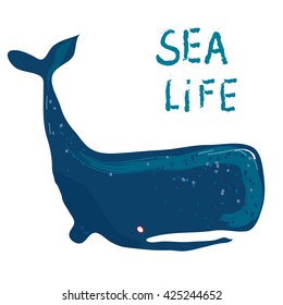 Whale card - illustration for the sea life or travel, graphic vector