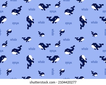 Whale cartoon character seamless pattern on blue background.Pixel style