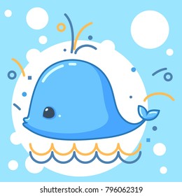 Whale cartoon character and surrounded by decoration with water line, white circle as the background, vector illustration