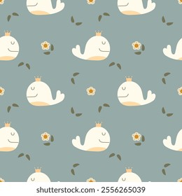 Whale cartoon so cute. On flower leaf green background. Pattern seamless vector illustration. 

