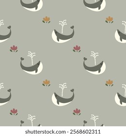 Whale cartoon so cute. On flower background. Pattern seamless vector illustration. 