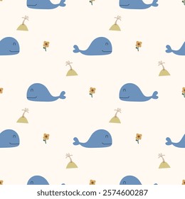Whale cartoon so cute. On flower island background. Pattern seamless vector illustration. 
