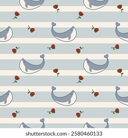 Whale cartoon so cute. On flower background. Pattern seamless vector illustration. 
