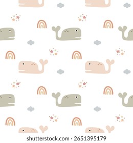 Whale cartoon so cute. On rainbow star cloud white background. Pattern seamless vector illustration. 