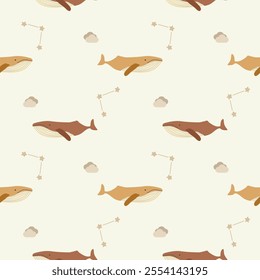 Whale cartoon so cute. On star cloud background. Pattern seamless vector illustration. 