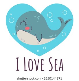 Whale cartoon cute sea animal isolated i love sea concept. Vector graphic design illustration
