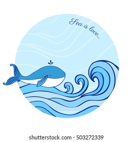 Whale cartoon illustration isolated on blue wave background, vector colorful doodle animal, round frame, Character design for greeting card, children invitation, baby shower, creation of alphabet