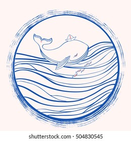 Whale cartoon illustration isolated on light wave background, vector colorful doodle animal, round frame line art, Character design for greeting card, children invitation, baby shower, travel postcard