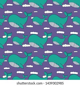 Whale cartoon of seamless pattern vector illustration. wallpaper