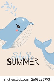 whale cartoon summer illustration cute ocean splash water marine hello smiling blue