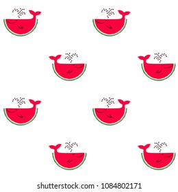 Whale cartoons of red juicy watermelon slices vector print illustration. Isolated red and green water melon fruit whales. Summer pattern design.  Vector watermelon berry dessert ocean animals.