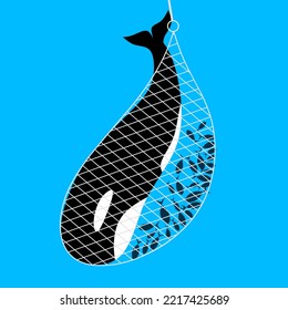 The whale is caught in the net. Whale net with small fish on blue sea background. Great for posters don't hunt protected animals, animals that are about to become extinct. Vector illustration