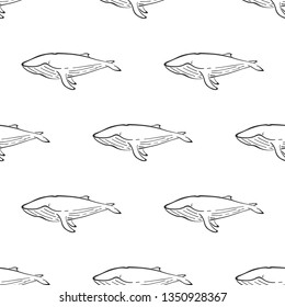 Whale character abstract hand drawn vector seamless pattern. Simplified illustration. Marine mammal. Ocean and sea animal curve paint sign. Doodle line sketch. Realistic element design, fabric print.