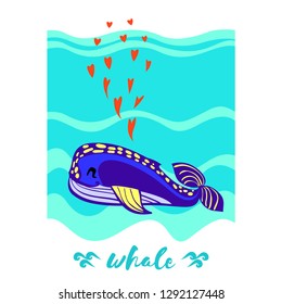 Whale character design with hearts, textile or fabric print pattern, wallpaper background, wild animal, vector illustration, hand drawn style.