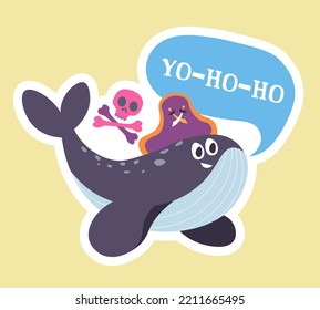 Whale character wearing pirate hat with crossed swords. Isolated skull and bones sign of piracy. Yo ho ho adventures and fun trip, treasure hunt and marine venturesome travel. Vector in flat style