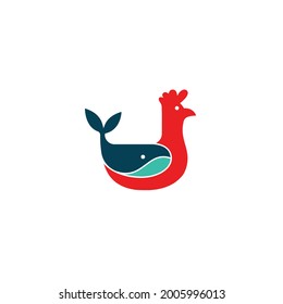 Diseño del logotipo combinado de ballenas y pollo. Ilustración del vector