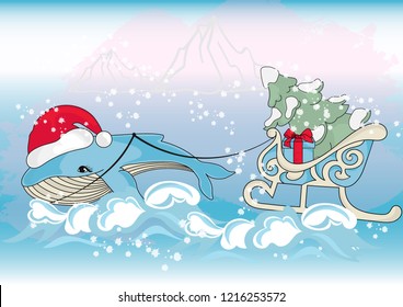 WHALE CHRISTMAS New Year Color Vector Illustration Set for Wall Decorations, Scrapbooking, Baby Book, Photo Albums and Card Print
