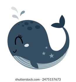 Clipart de ballena en estilo plano de dibujos animados. Clipart de animales oceánicos. Clipart oceánico. Ilustración vectorial náutica dibujada a mano.