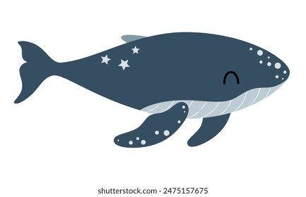 Whale clipart in cartoon flat style. Ocean animal clipart. Ocean clipart. Nautical hand drawn vector illustration.