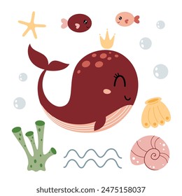 Clipart de ballena en estilo plano de dibujos animados. Clipart de animales oceánicos. Clipart oceánico. Ilustración vectorial náutica dibujada a mano.