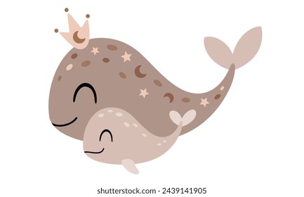 Whale clipart. Happy Mothers day clipart. Mom and baby animals in cartoon flat style. Hand drawn vector illustration.