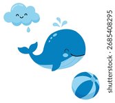 Whale, cloud, and ball. Blue. Large and small. Comparative educational images for children