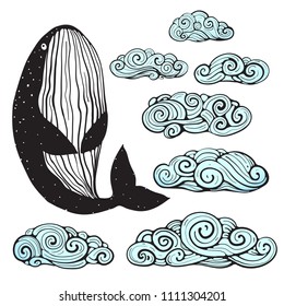 Whale and Clouds Hand Drawn Clip Art. Outline monochrome whale and swirl clouds collection. Vector illustration.