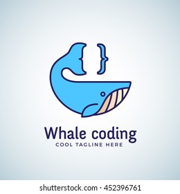 Whale Coding Abstract Vector Emblem, Label, Logo Template. Tail as a Curly Brace Concept Symbol or Icon. Line Style Design. Isolated.