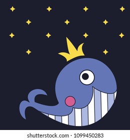 Whale color icon on dark background. Whale in the night. Whale  with stars.