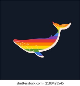 A whale in the color of the LGBT flag, the colors of the rainbow. Рoster. Hand drawn vector illustration isolated on background. Modern flat cartoon style.