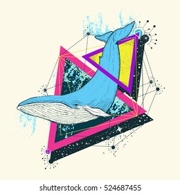 Whale color tattoo geometric style. Mystical symbol of adventure, dreams, t-shirt design. Travel, outdoors symbol, whale marine 