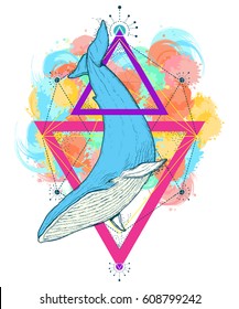 Whale color tattoo geometric style. Mystical symbol of adventure, dreams, t-shirt design Creative geometric whale tattoo art 