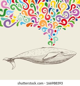 The whale  with colorful abstract fountain. Hand drawn vector illustration. Can be used separately from backdrop or postcard.