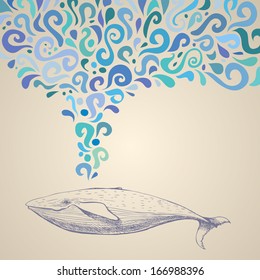 The whale with colorful abstract fountain. Hand drawn vector illustration. Can be used separately from backdrop or postcard.