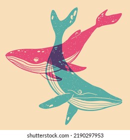 Whale. Colorful cute screen printing effect. Riso print effect. Vector illustration. Graphic element  for fabric, textile, clothing, wrapping paper, wallpaper, poster. 