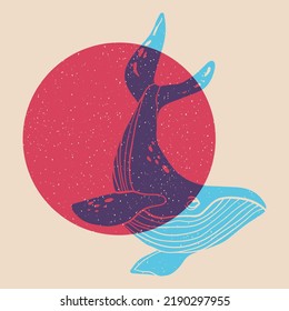 Whale. Colorful cute screen printing effect. Riso print effect. Vector illustration. Graphic element  for fabric, textile, clothing, wrapping paper, wallpaper, poster. 