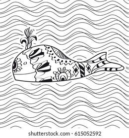 Whale coloring book for adults vector illustration. Anti-stress coloring for adult. Black and white lines.