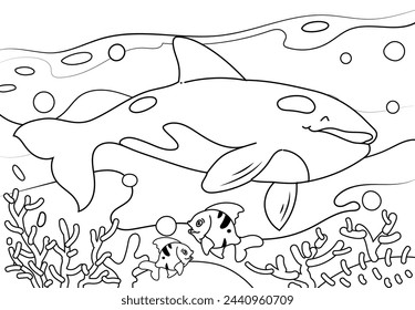 Whale Coloring Page Colored Illustration. Printable Coloring book Outline black and white.