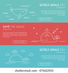 Whale - company banner design template with thin line style illustration and sample text. World whale day, save the whale - vector card template. Minimalistic outlined design.