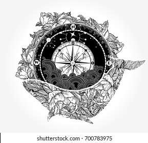 Whale and compass tattoo and t-shirt design. Travel, adventure, outdoors symbol 