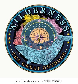 Whale and compass. Wilderness, the great outdoors slogan. Symbol of tourism and travel 