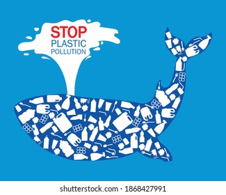 whale composed of white plastic waste bag, bottle. stop plastic pollution poster. vector illustration in flat style modern design. isolated on blue background.