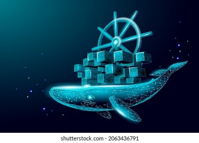 Whale and container computer docker developer app concept. Business digital open source program. Data coding steering 3D low polygonal vector line illustration