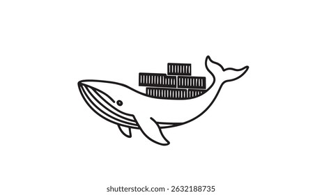 Whale and container computer docker developer app concept. Business digital open source program. Data coding steering global shipping solutions. Minimalist line art style vector illustration