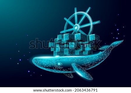 Whale and container computer docker developer app concept. Business digital open source program. Data coding steering 3D low polygonal vector line illustration