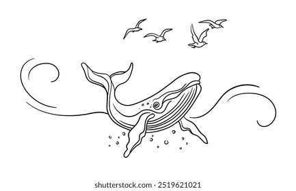 Whale continuous line art drawing isolated on white background. Wildlife animals. Whale jumping over water with birds. Vector illustration