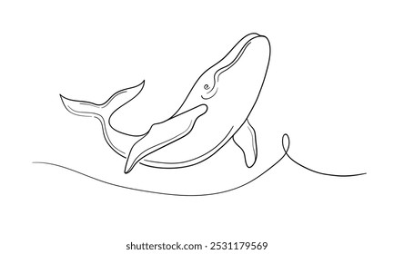 Wal-Kunstzeichnung mit fortlaufender Linie einzeln auf weißem Hintergrund. Umrisse von Wildtieren. Vektorgrafik	