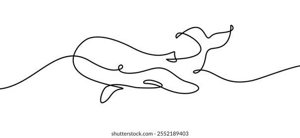 Whale in continuous line art drawing style. Black linear design isolated on white background. Vector illustration